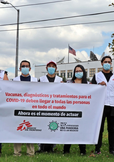 TRIPS protest supporting Access Campaign "No Patents, No Monopolies in a Pandemic" in Bogotá, Colombia.