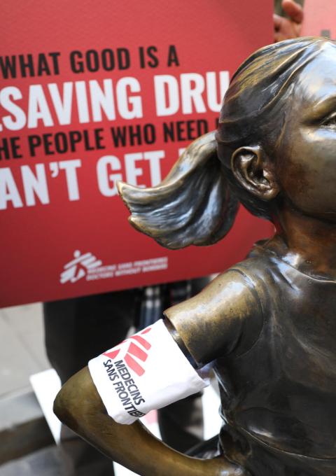 January 2020 protest in front of the New York Stock Exchange, demanding J&J make bedaquiline more accessible for all people with drug-resistant TB.