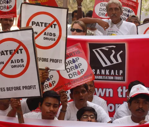 A protest was organised by Indian civil society on World AIDS Day, 1 December 2011, in front of Novartis' Mumbai Office to safeguard India's patent laws for companies to produce affordable generic medicines.